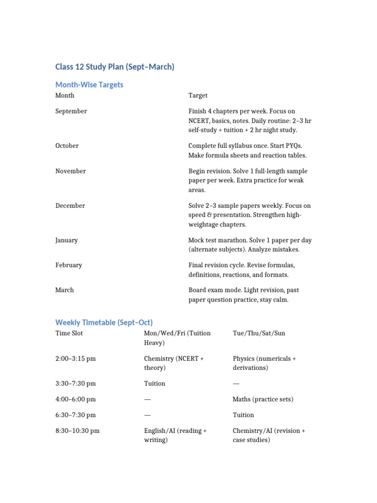 Class 12 Study Plan: Monthly Goals | PDF