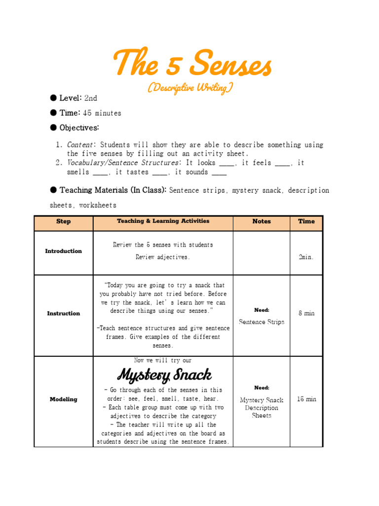 Descriptive Writing with 5 Senses | PDF | Lesson Plan | Cognitive Science