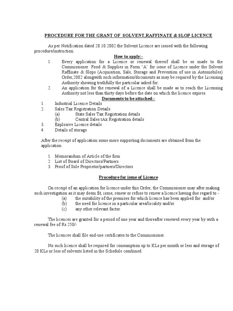 Solvent, Raffinate & Slop Licence Procedure | PDF | License | Sole ...