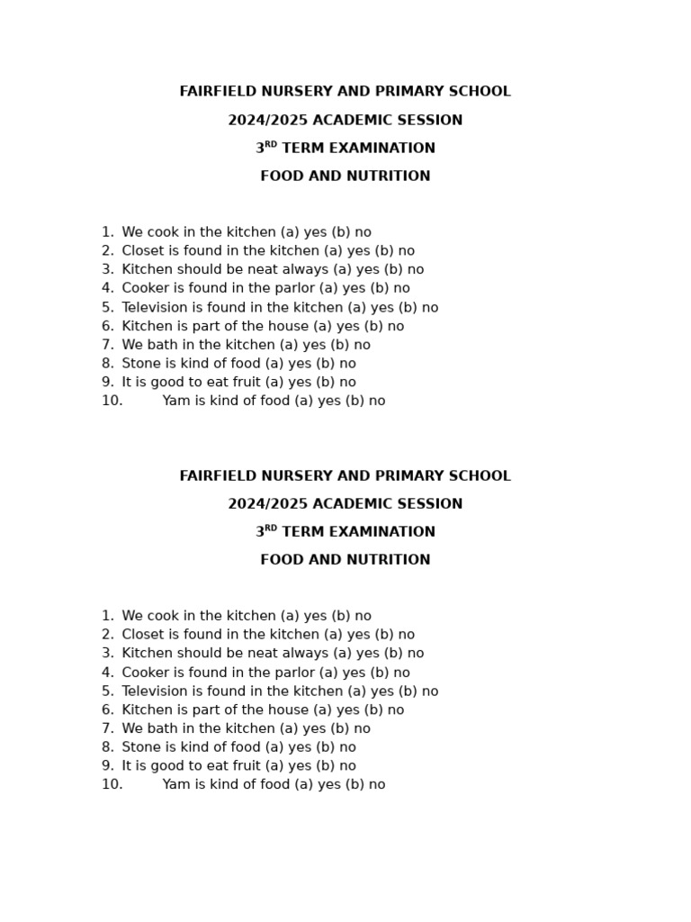Food and Nutrition Exam Questions 2024 | PDF