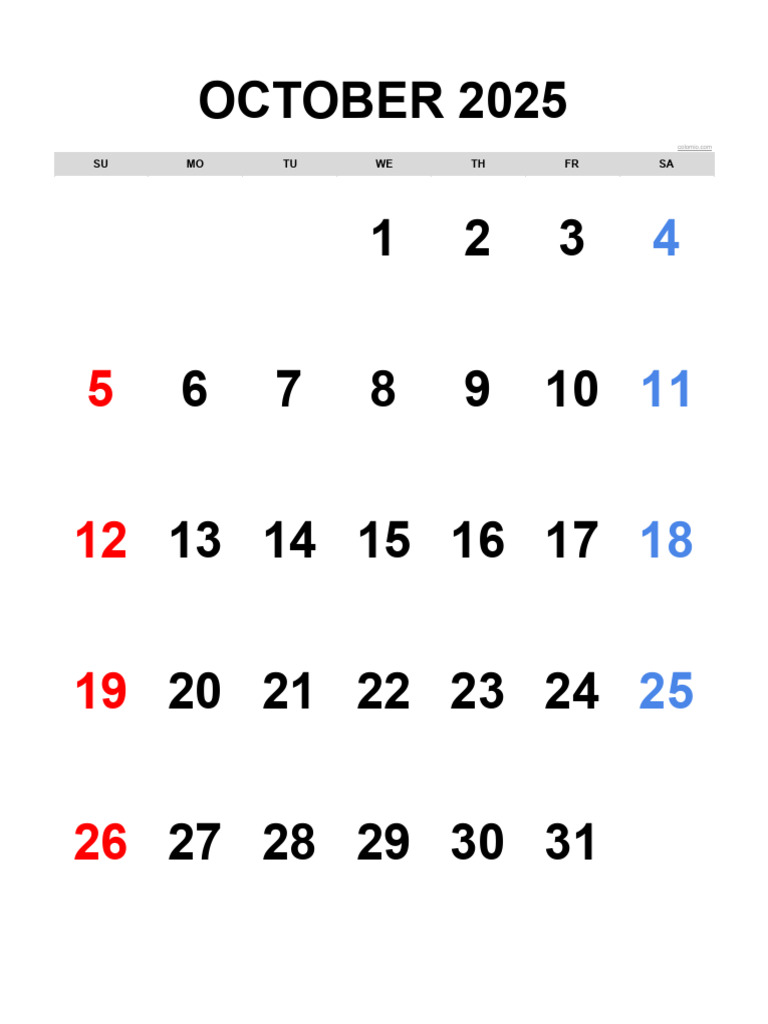 Calendar October 2025 Portrait Orientation | PDF