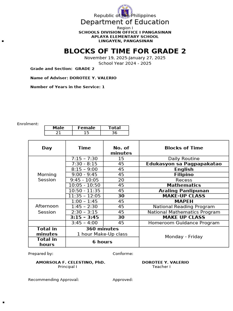Grade 2 Class Schedule & Make-Up Plan | PDF | Educational Organizations ...