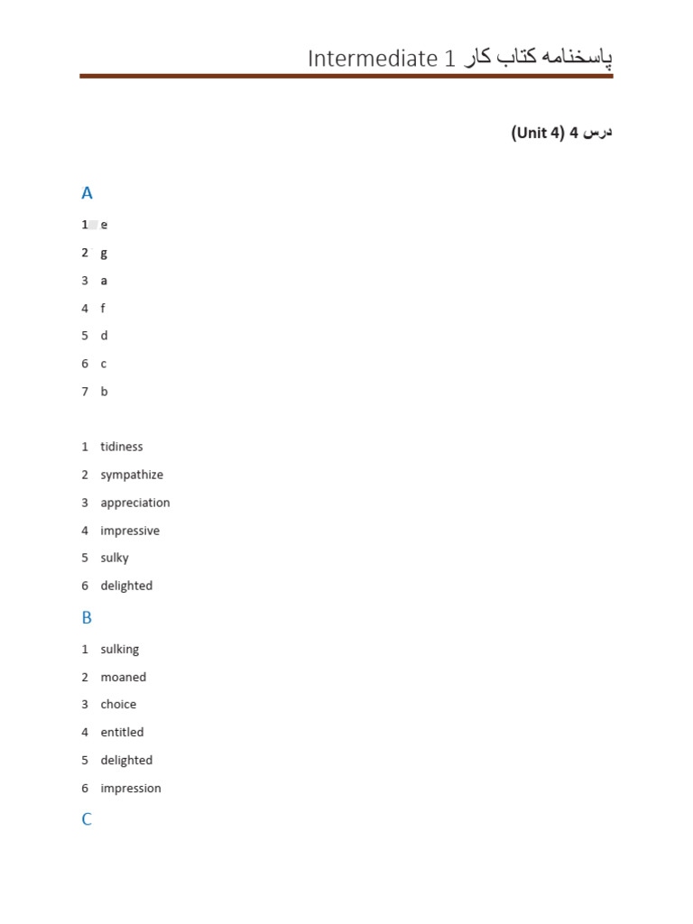 Intermediate 1 Workbook Answer Key-Unit-four | PDF