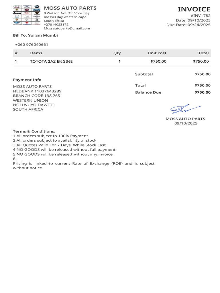 Moss Auto Parts Invoice #INV1782 | PDF