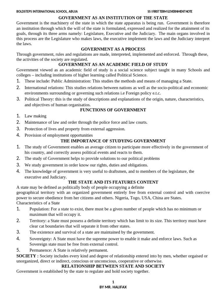 Ss I First Term Government Note | PDF | Sovereignty | Fascism