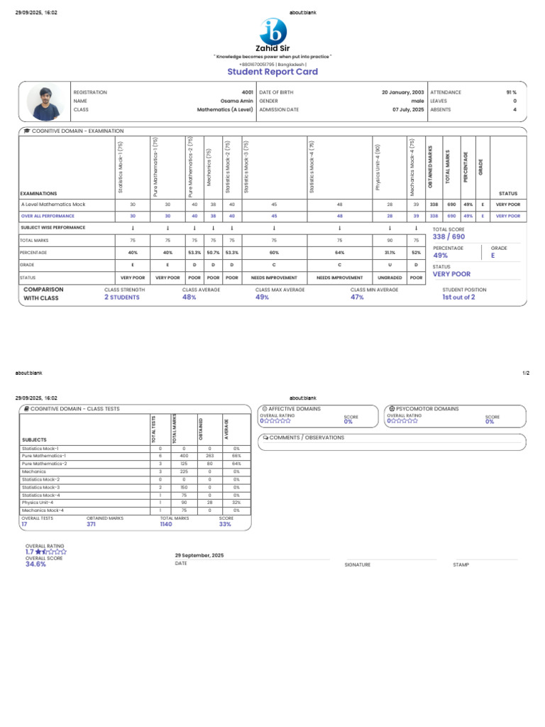 A Level Mathematics Student Report Card | PDF