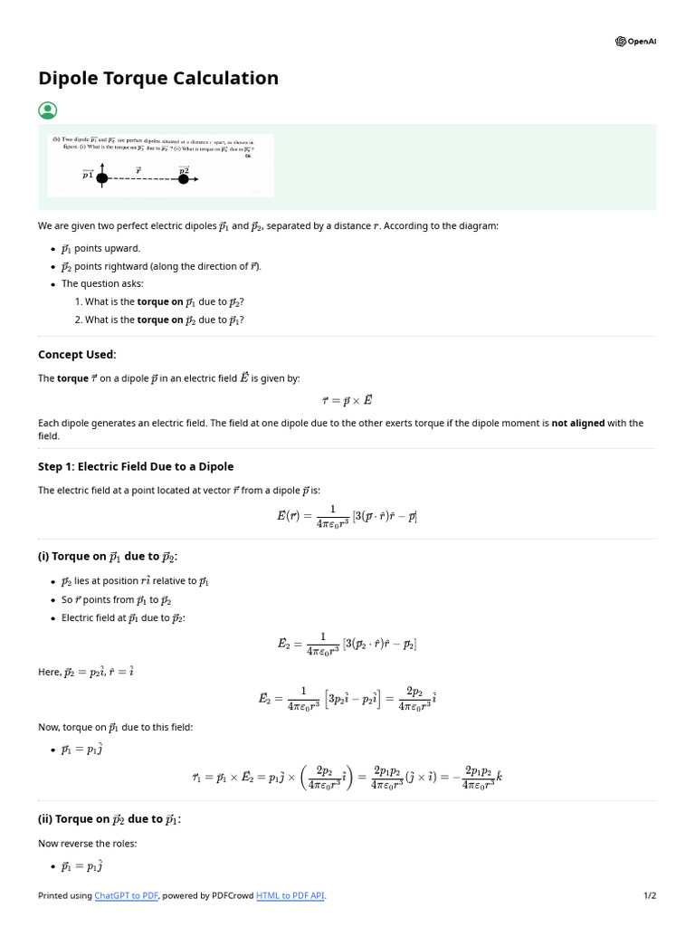 Dipole Torque Calculation Explained | PDF | Physics | Electromagnetism