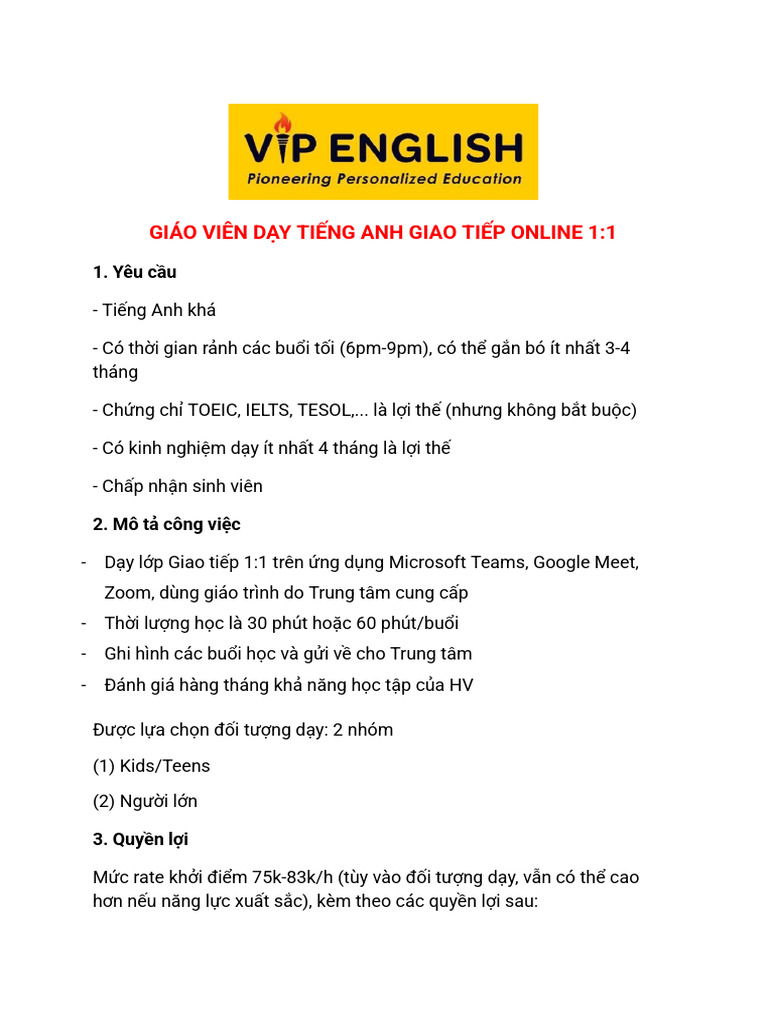 JD Online English Teacher - Vip English | PDF