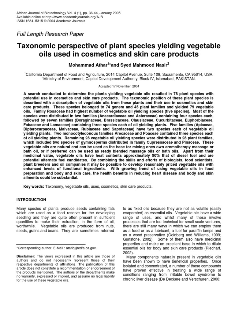 Taxonomic Perspective of Plant Species Yielding Vegetable Oils Used in