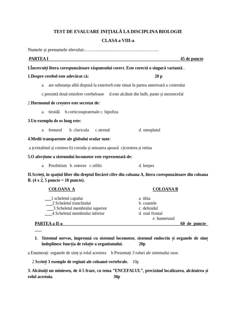 Test de Evaluare Initiala La Disciplina Biologie Clasa A Viiia | PDF