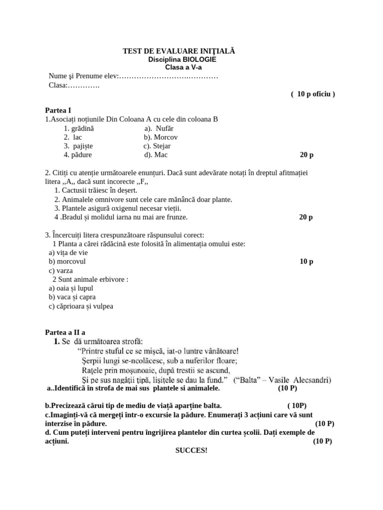 1 Test de Evaluare Initiala Clasa A V A | PDF