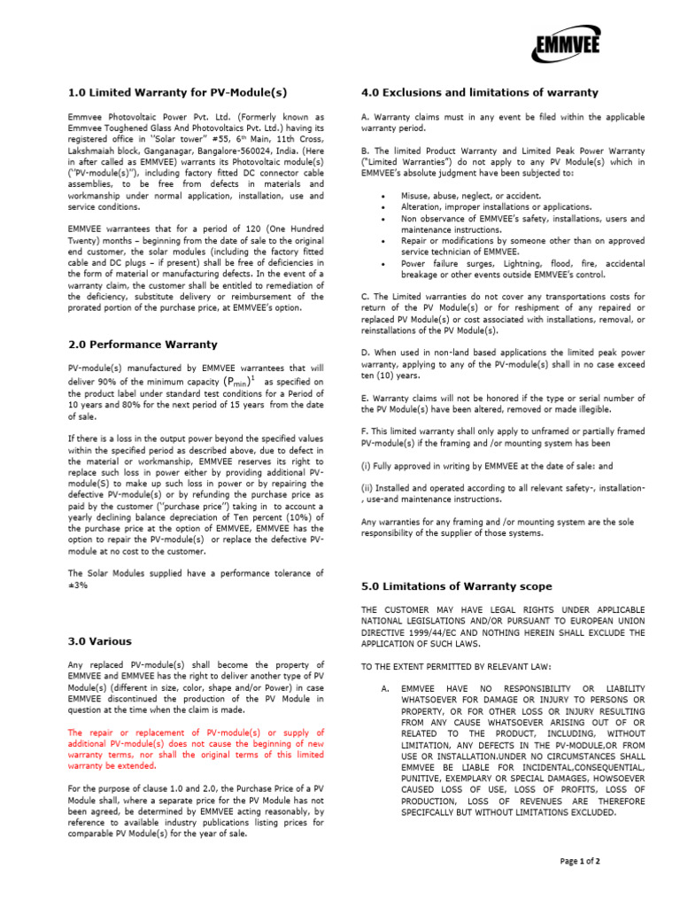 Emmvee PV Module Warranty Details | PDF | Solar Panel | Photovoltaics