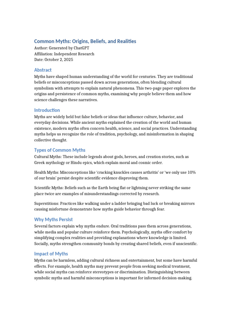 Common Myths Research Paper | PDF | Science