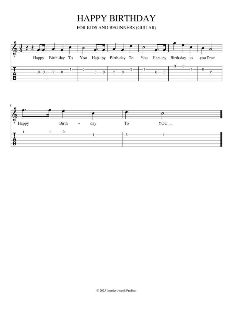 Happy Birthday Guitar Tabs for Kids PDF — free download