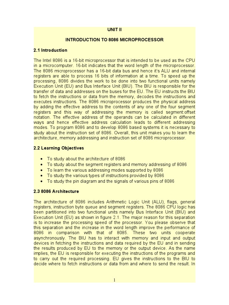 Unit II Introduction To 8086 Microprocessor 8086 Architecture | PDF ...