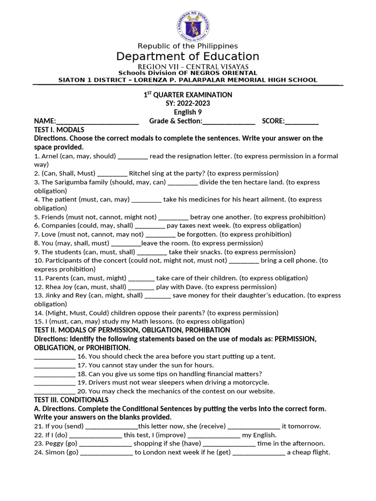 English 9 Modals and Conditional Exam | PDF