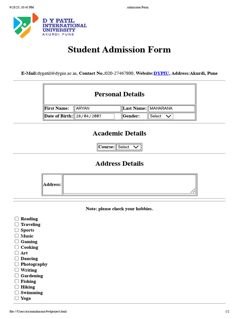 Student Admission Form Template | PDF