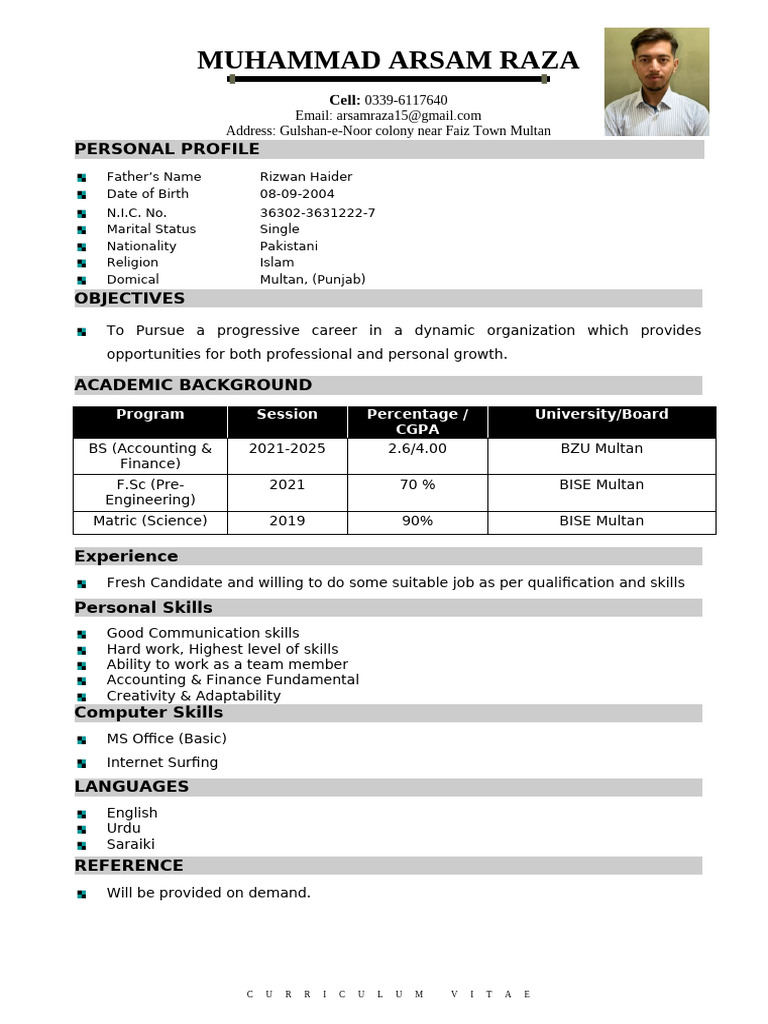 Muhammad Arsam Raza's CV | PDF