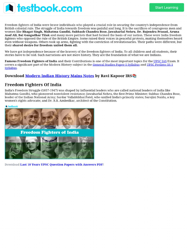 Freedom Fighters of India (1857-1947) - Contributions & Biography | PDF