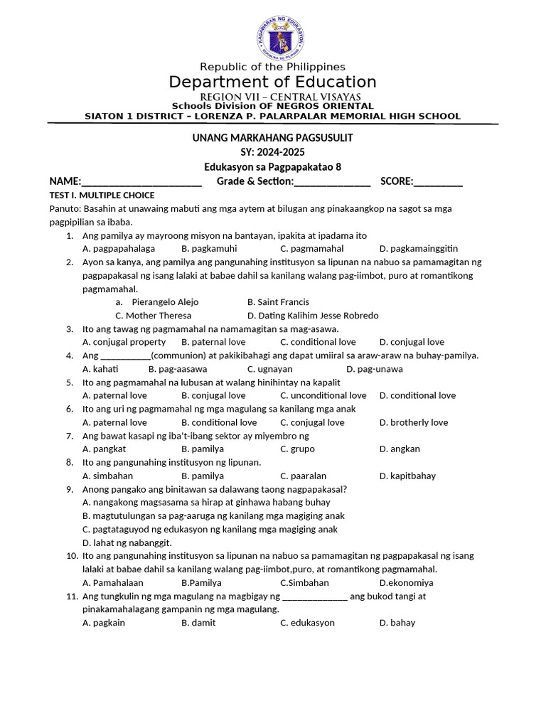 GRADe 8 Esp 1st Periodical Test Reviewer | PDF