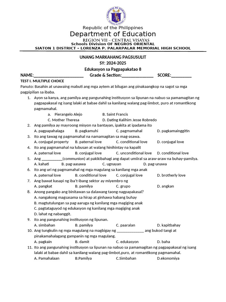 GRADe 8 Esp 1st Periodical Test | PDF