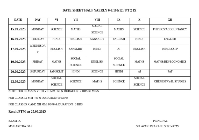 Date Sheet Half Yearly 2025-26-1 | PDF