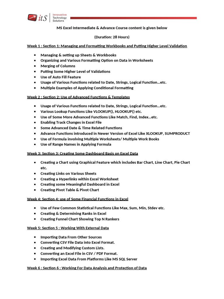 Excel Syllabus Advanced 28hours SNU | PDF | Microsoft Excel | Data ...