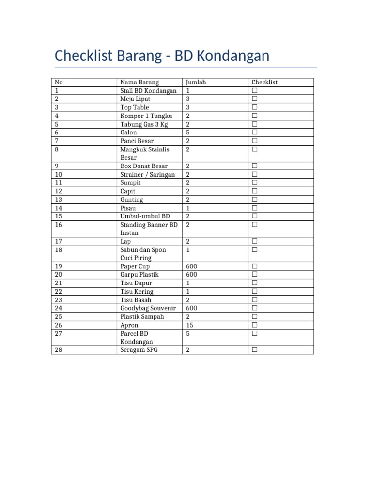 Checklist Barang BD Kondangan | PDF