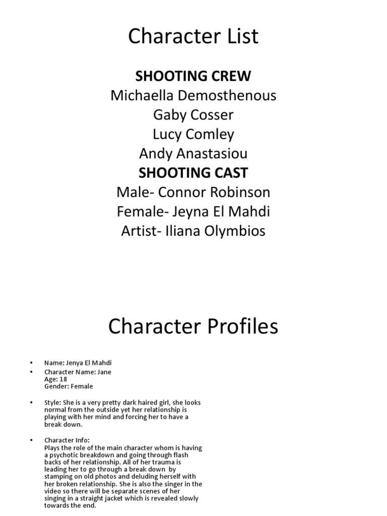 Character List: Shooting Crew | PDF