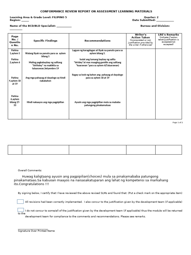 Conformance Review: Filipino 5 Materials | PDF
