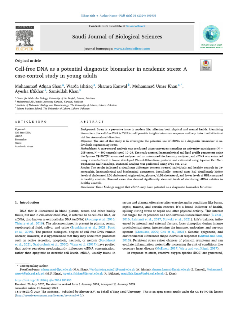 Cell-Free DNA As A Potential Diagnostic Biomarker in Academic Stress ...