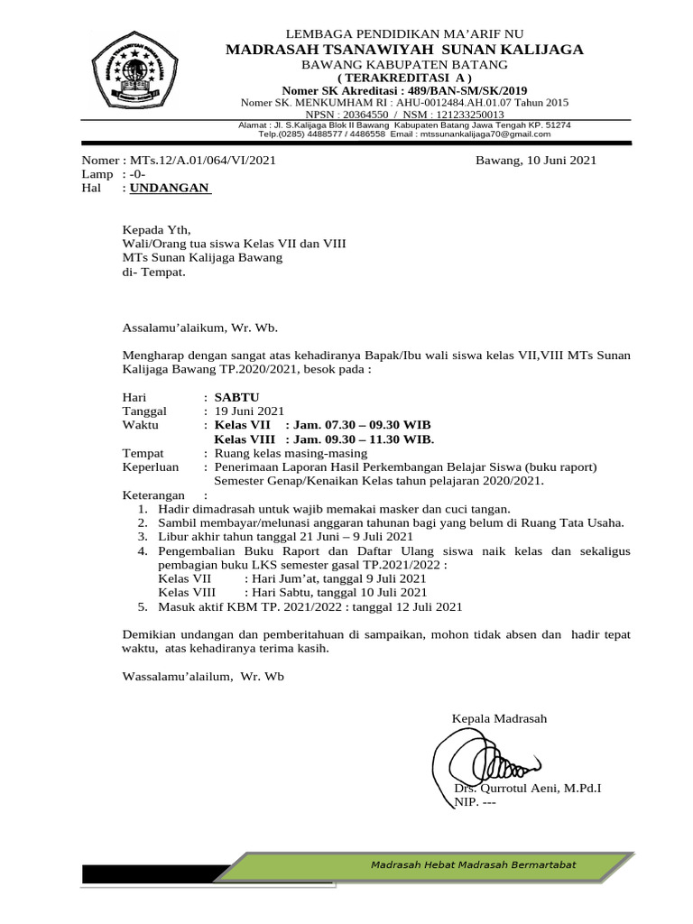 Undangan Penerimaan Raport MTs Kalijaga | PDF