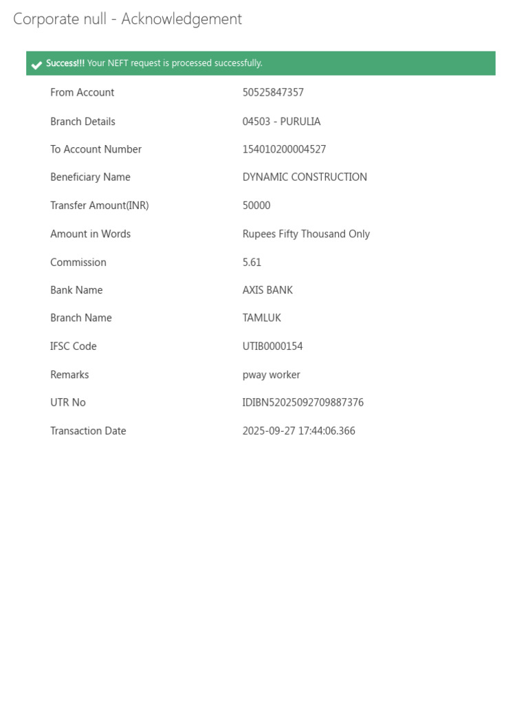 NEFT Transaction Acknowledgement Details | PDF
