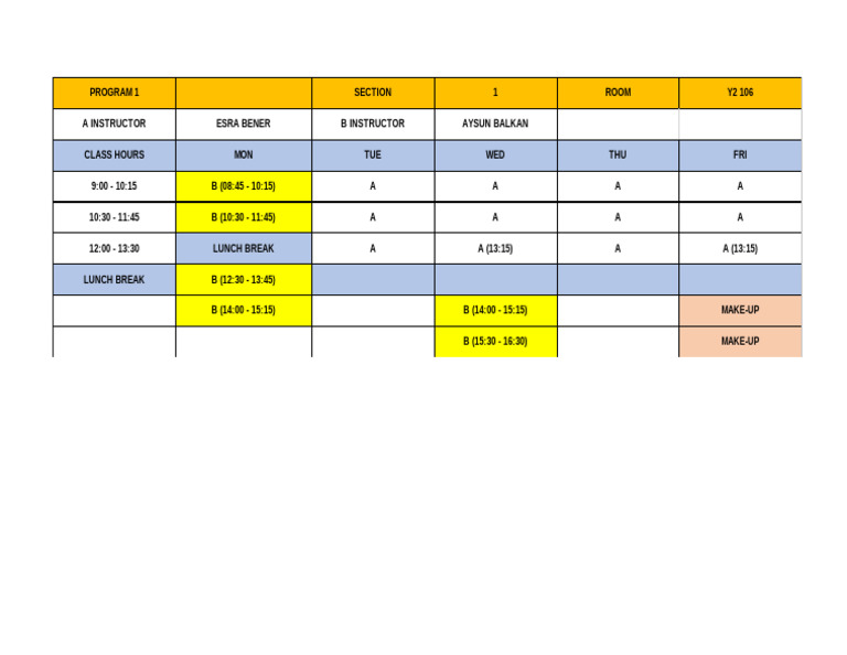 Weekly Class Schedule for Program 1 | PDF