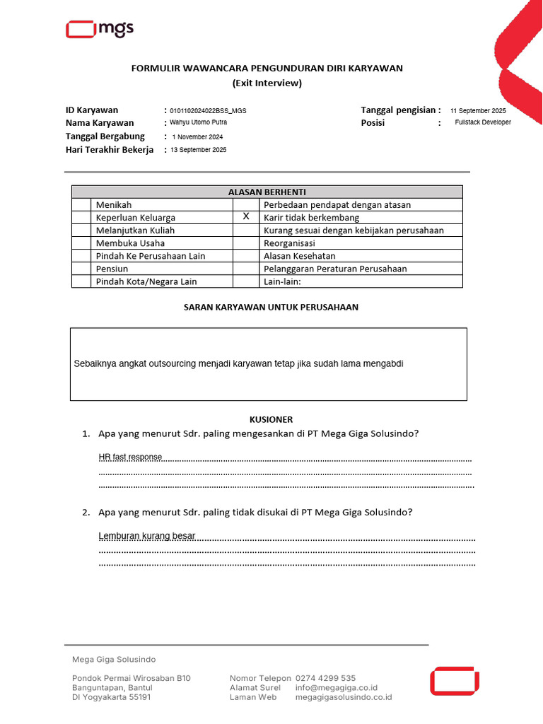 Formulir Exit Interview Karyawan MGS | PDF