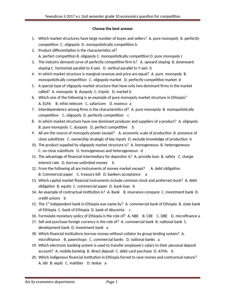 Grade 10 Economics Competition Questions | PDF | Monopoly | Banks