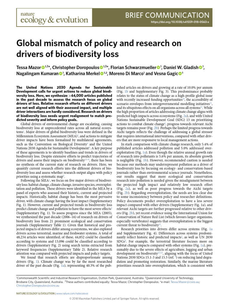 2018.global Mismatch of Policy and Research On Drivers of Biodiversity ...