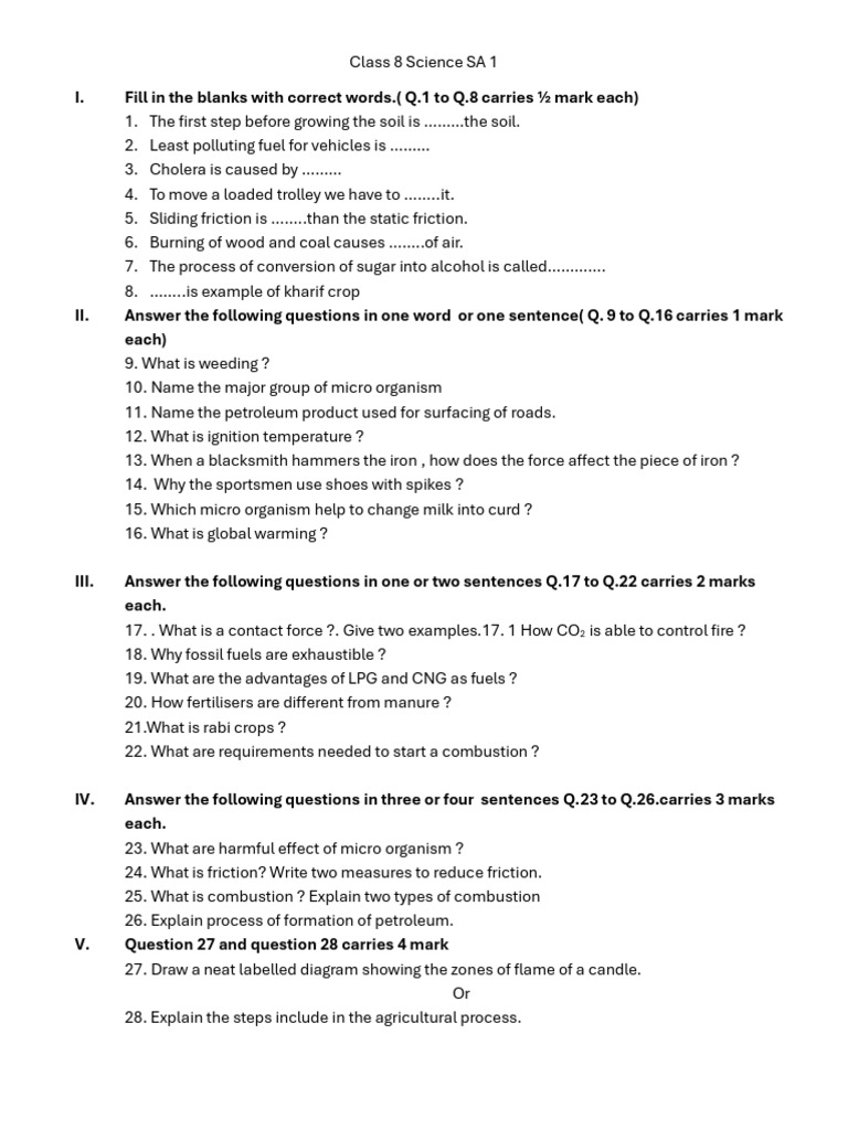 SA 1 Modal Question Paper For Class 8 Science | PDF