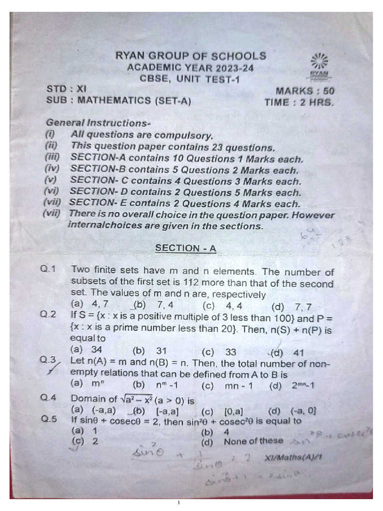 Maths Class 11th Pa1 Question Paper | PDF