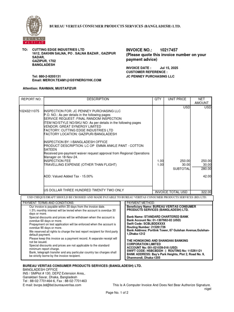 Invoice for JC Penney Inspection Services | PDF | Invoice | Payments