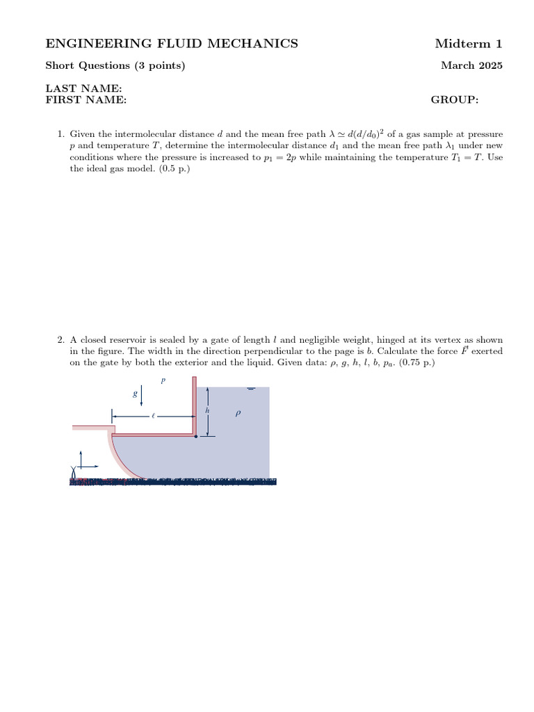 Fluid Mechanics Midterm Questions | PDF | Pressure | Force
