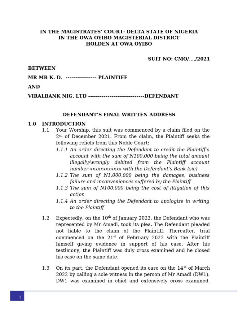 Delta Court Case: Plaintiff vs. Viralbank | PDF | Burden Of Proof (Law ...