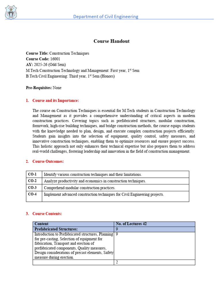 Construction Techniques Course Overview | PDF | Engineering | Civil ...