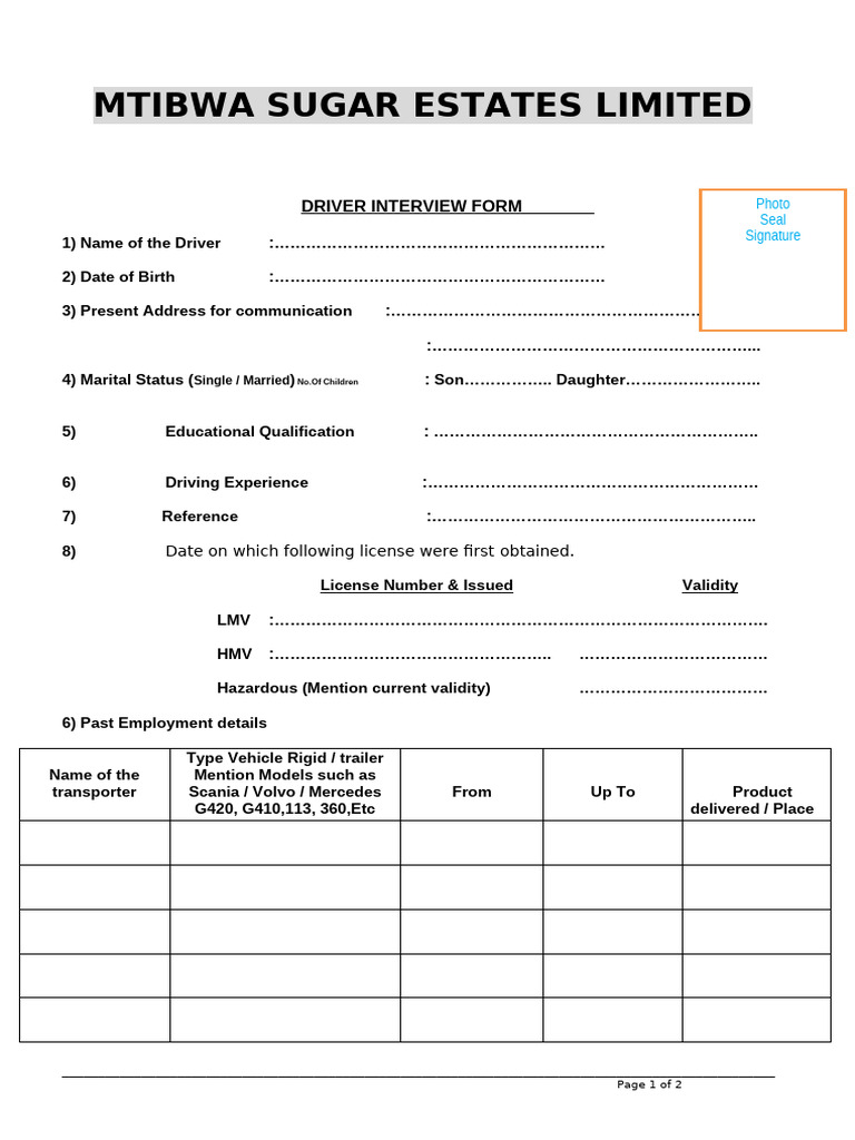 Driver Interview Form for MTIBWA Sugar Estates | PDF | Vehicles | Land ...