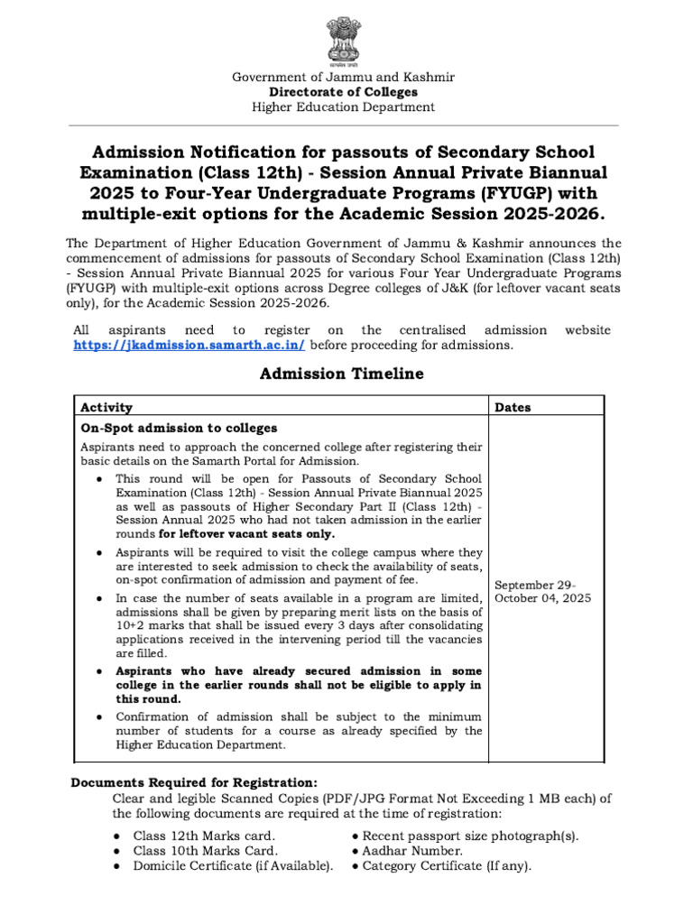 J&K 2025-26 UG Admission Notification | PDF