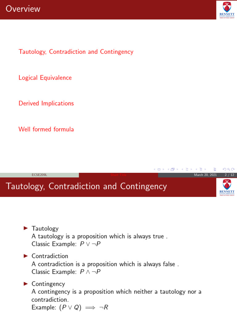 03 Tautology, Contradiction and Contingency, Logical Equivalence ...