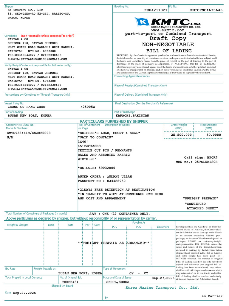 Bill of Lading for Textile Shipment | PDF | Bill Of Lading | Cargo