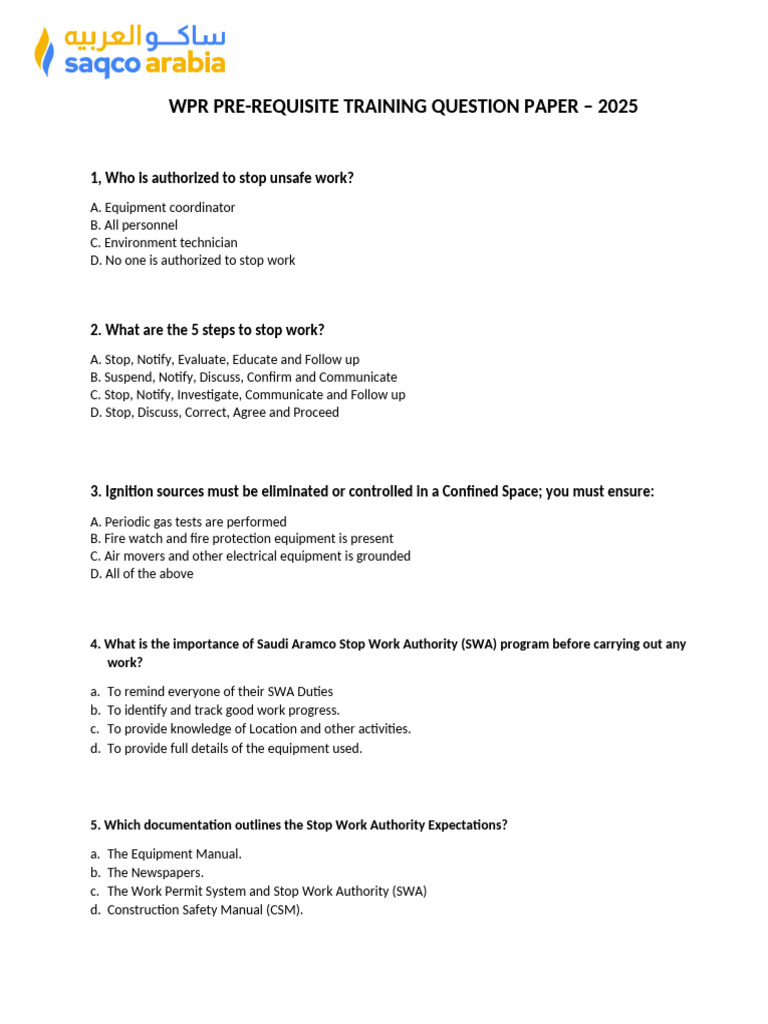 WPR Training Question Paper 2025 | PDF | Safety | Occupational Safety ...