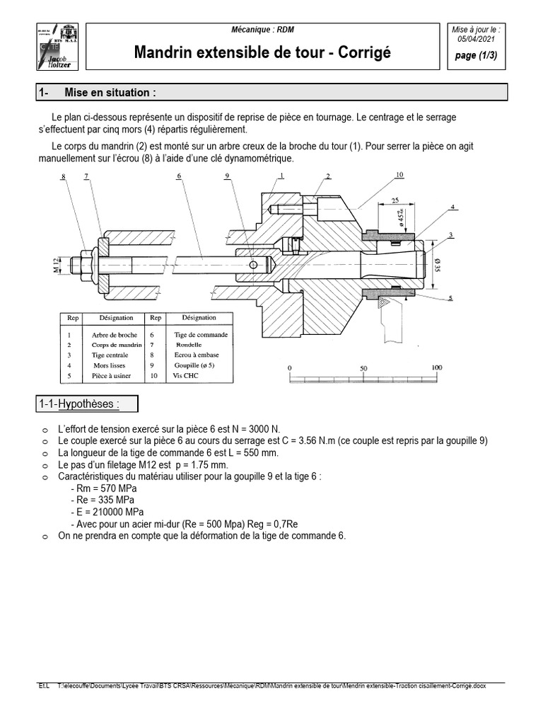 Corrigé RDM : Mandrin extensible de tour | PDF | Résistance des ...
