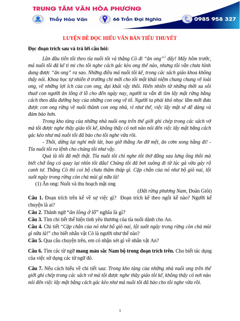 7v - luyện Đề Đọc Hiểu Văn Bản Tiểu Thuyết | PDF